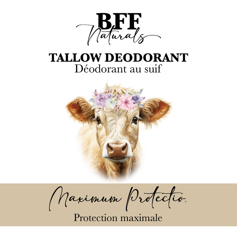 BFF Naturals tallow deodorant packaging with a cow illustration and floral crown on a white background.