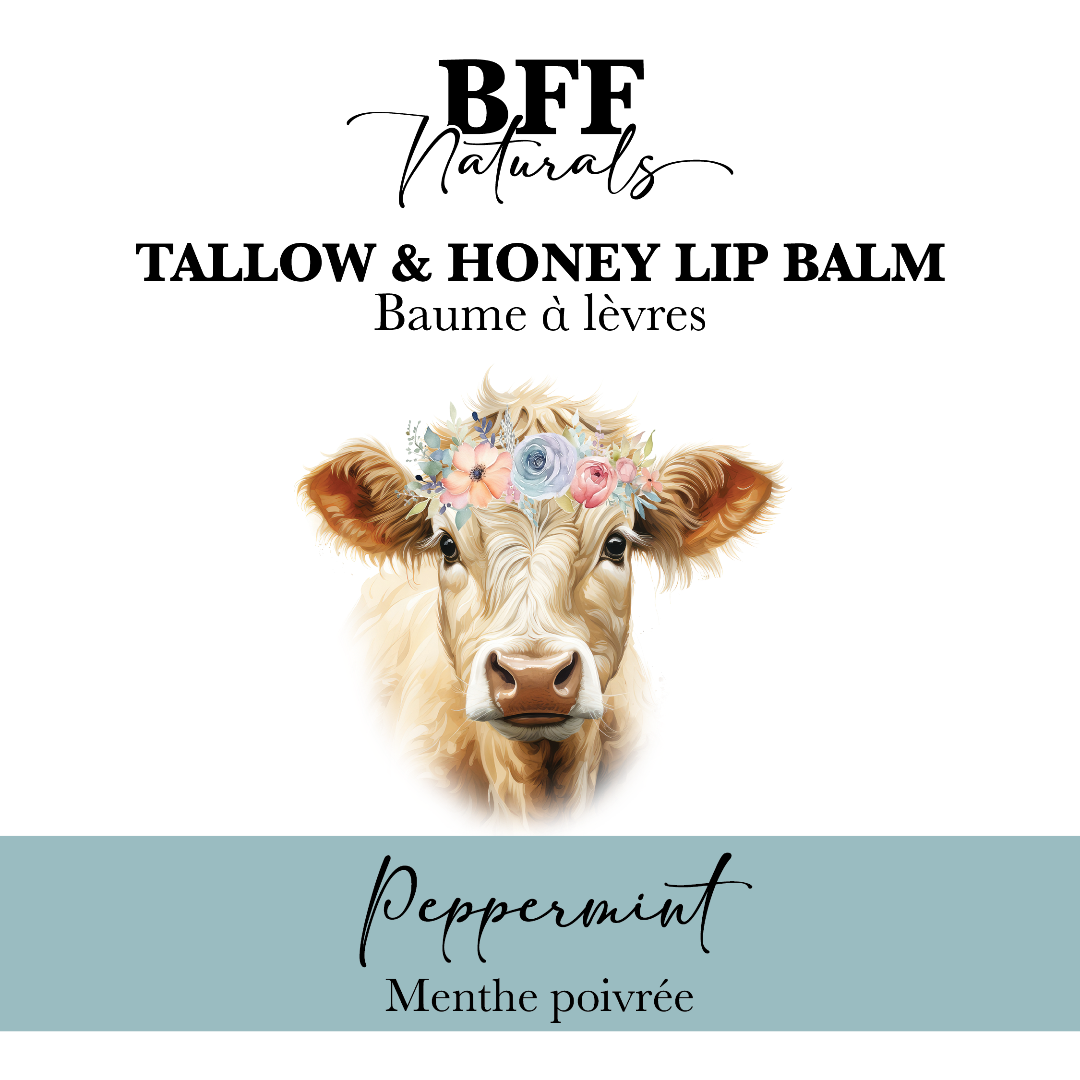 Lip balm packaging with a cow illustration and 'BFF Naturals' branding.