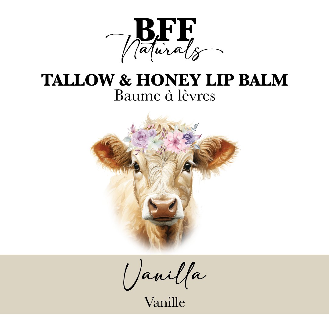 Lip balm packaging with a cow illustration and 'BFF Naturals' branding on a white background.
