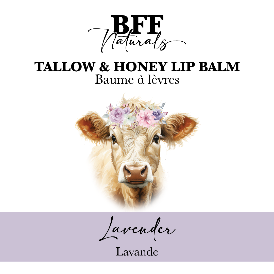 Lip balm packaging with a cow illustration and 'BFF Naturals' branding on a white background.