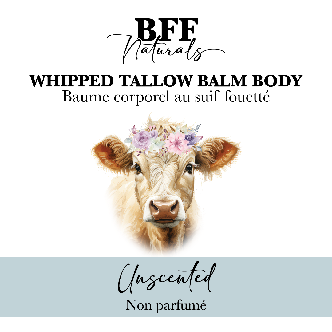 BFF Naturals whipped tallow balm body product with a cow illustration and floral crown on a white background.