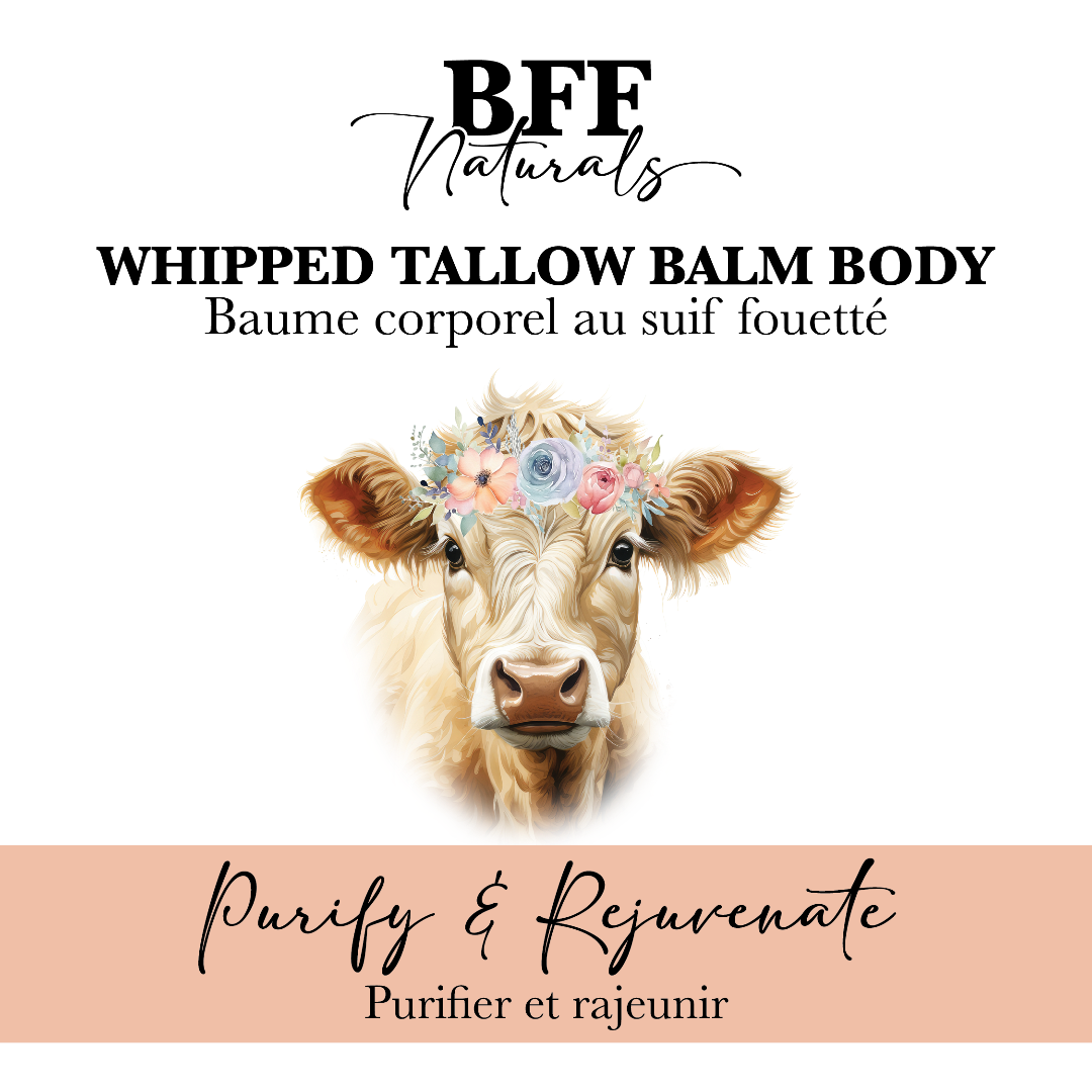 BFF Naturals whipped tallow balm body product with a cow illustration and floral crown on a white background.