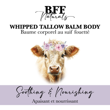 BFF Naturals whipped tallow balm body product with a cow's face and floral crown on a white background